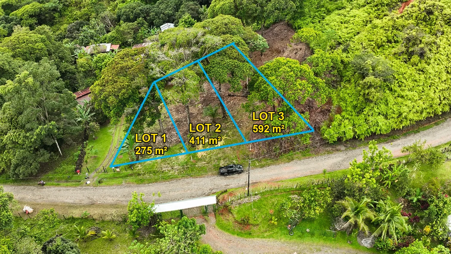 Mapa aéreo de los tres lotes con sus tamaños